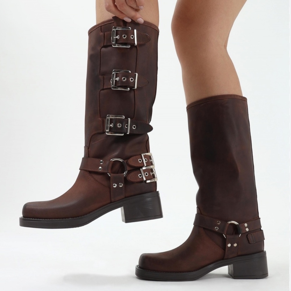 MADDEN GIRL Brown Black with Silver Buckle Tall Boots. Size 11 Vegan Leather - Picture 2 of 16